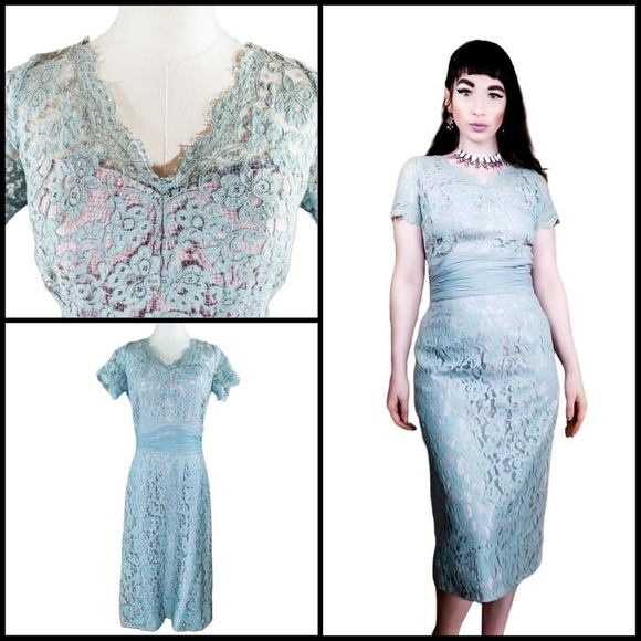 Vintage Dresses & Skirts - Vintage 1950s Powder Blue Lace Formal Cocktail Pencil Wiggle Dress 